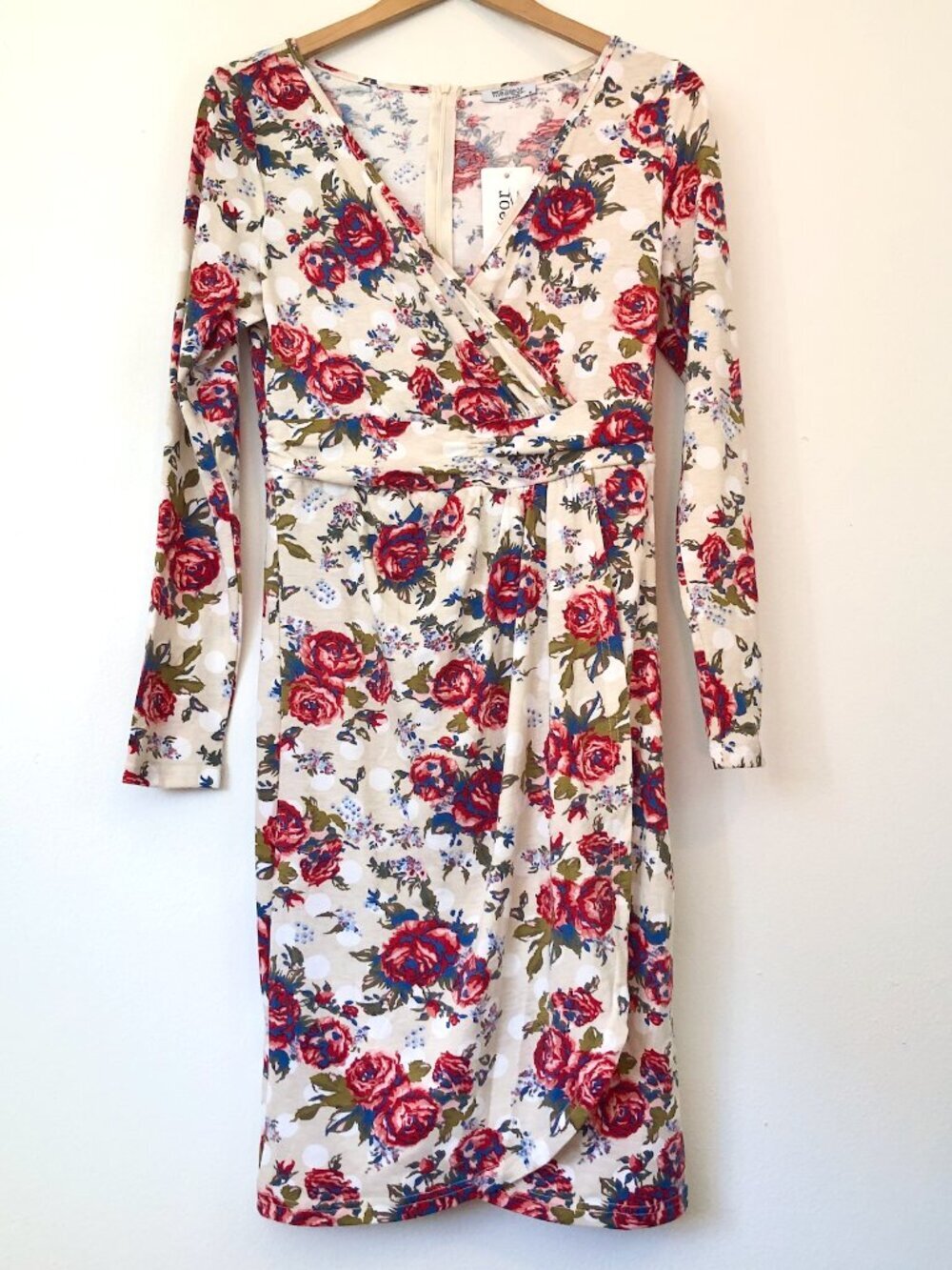NEW NWT MEAVEOR Beige White Red Blue Floral Polka Dot Faux Wrap Dress Medium M